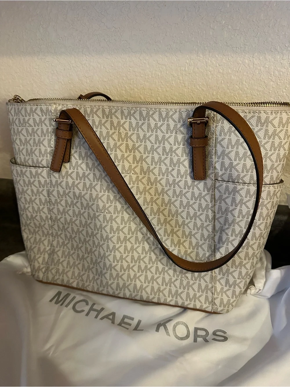 Michael Kors Cream Monogram Tote with Brown Trim